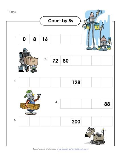 Skip Counting by 8s - Robot Counting (Printable PDF Worksheet)