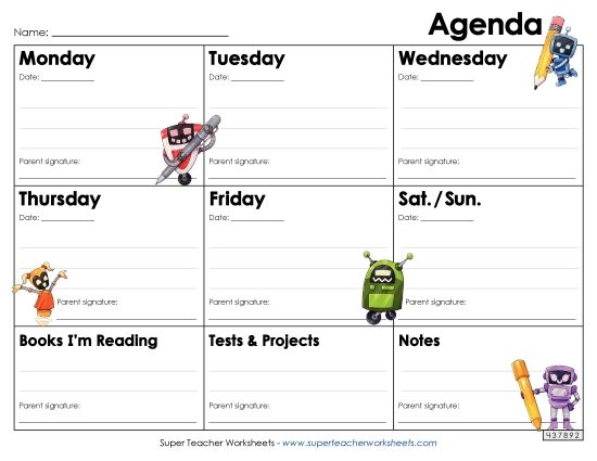Homework Agendas - Robot Homework Agenda (Printable PDF Worksheet)