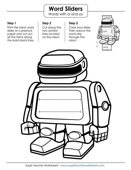 Word Sliders, Flashcards, and Wheels - Robot Word Sliders: OI and OY (Printable PDF Worksheet)