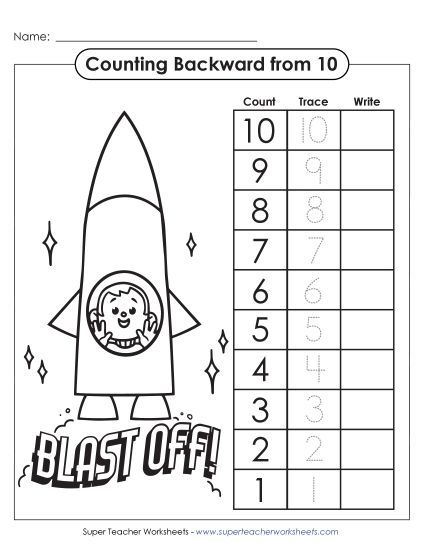 Count Back from 10 - Rocket Blast Off! (Count backwards from 10) (Printable PDF Worksheet)