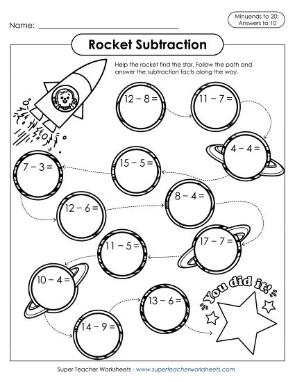Subtraction Fact Practice - Rocket Subtraction (Minuends to 20, Answers to 10)   (Printable PDF Worksheet)