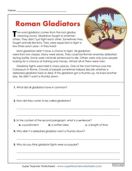 Reading Comprehension - Roman Gladiators (Short Reading Comp) (Printable PDF Worksheet)