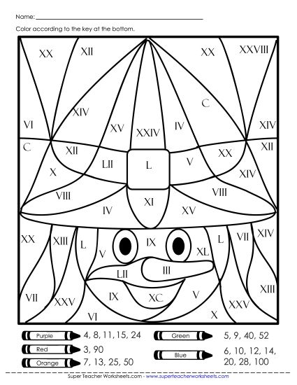 Roman Numerals - Roman Numeral Mystery Picture - Witch (Printable PDF Worksheet)
