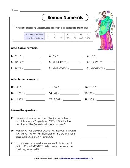 Advanced (I through M) - Roman Numerals (Advanced) (Printable PDF Worksheet)