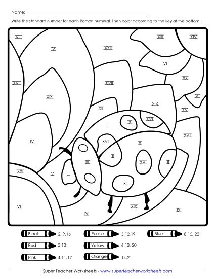 Roman Numerals - Roman Numerals: Ladybug (1-22) (Printable PDF Worksheet)