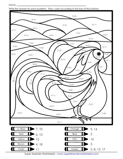 Addition Mystery Pictures - Rooster Addition Mystery Picture (Printable PDF Worksheet)