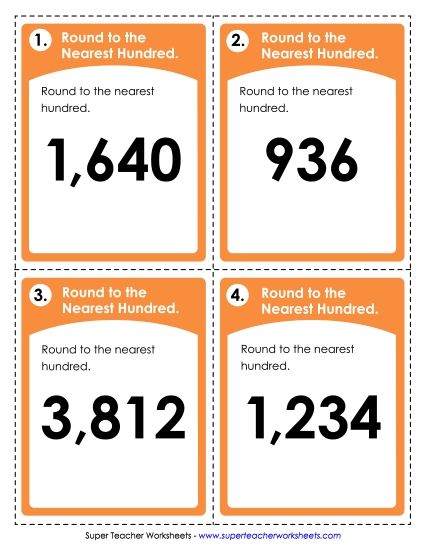 Rounding - Round to Nearest Hundred (3 and 4-Digit Numbers) (Printable PDF Worksheet)