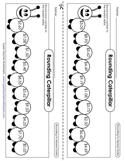 Money Rounding (Nearest Dollar) - Rounding Caterpillars (Nearest Dollar) (Printable PDF Worksheet)