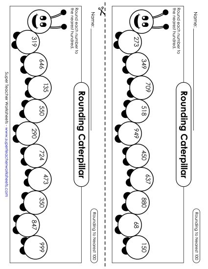 Nearest Hundred (3-Digit Numbers Only) - Rounding Caterpillars (Nearest Hundred) (Printable PDF Worksheet)