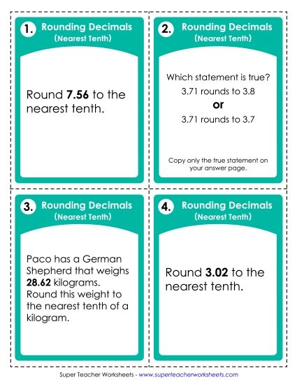 Rounding - Rounding Decimals: Nearest Tenth (Printable PDF Worksheet)