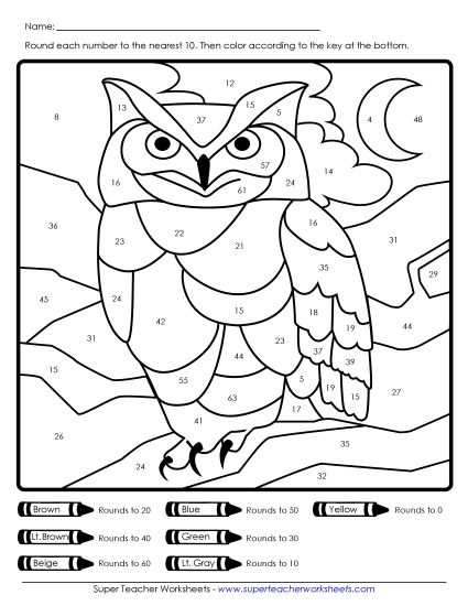 Owl Math Mystery Pictures - Rounding (Nearest 10) Mystery Picture (Printable PDF Worksheet)