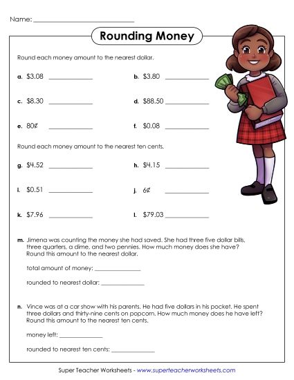 Rounding Money (Nearest 10 Cents) - Rounding Nearest Dollar & Nearest Ten Cents (Printable PDF Worksheet)