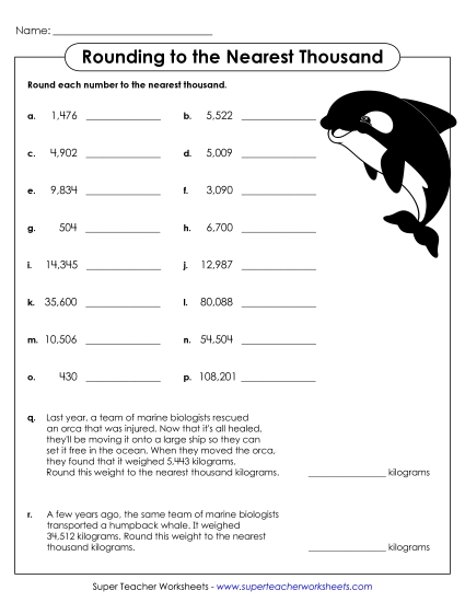 Nearest Thousand - Rounding - Orca (Printable PDF Worksheet)