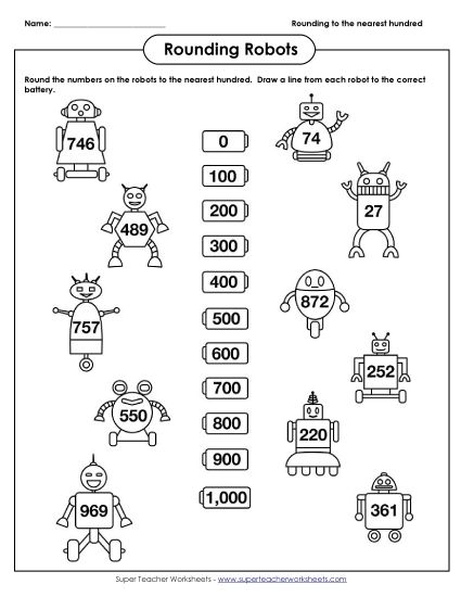 Nearest Hundred (3-Digit Numbers Only) - Rounding Robots (Nearest 100) (Printable PDF Worksheet)