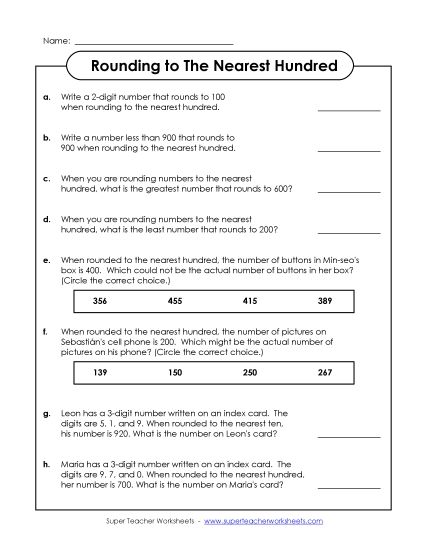 Nearest Hundred (3-Digit Numbers Only) - Rounding: Thinking Questions (Printable PDF Worksheet)