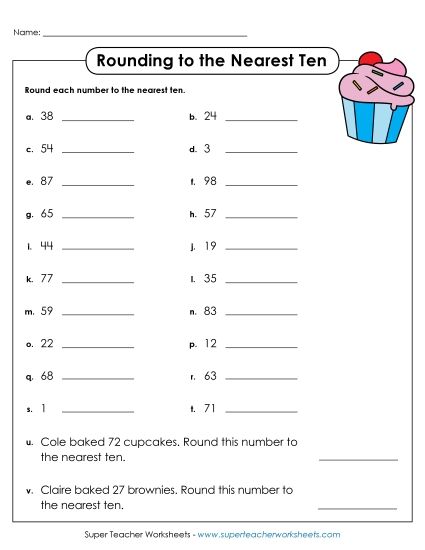 Nearest Ten 2-Digit Numbers - Rounding to Nearest 10: Cupcake (Printable PDF Worksheet)