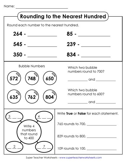 Nearest Hundred (3-Digit Numbers Only) - Rounding to Nearest Hundred (3-Digit Numbers) (Printable PDF Worksheet)