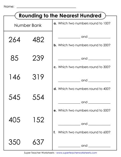Nearest Hundred (3-Digit Numbers Only) - Rounding to Nearest Hundred: Number Bank Match-Up (Printable PDF Worksheet)