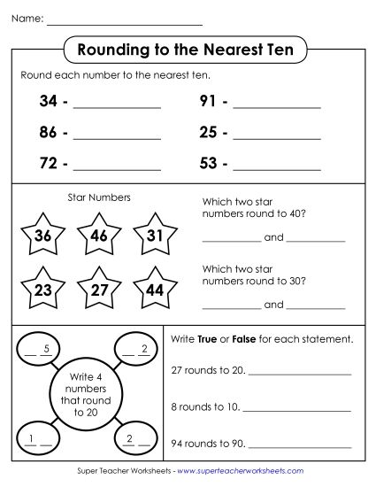 Nearest Ten 2-Digit Numbers - Rounding to Nearest Ten (2-Digit Numbers) (Printable PDF Worksheet)
