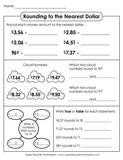 Money Rounding (Nearest Dollar) - Rounding to the Nearest Dollar (Printable PDF Worksheet)