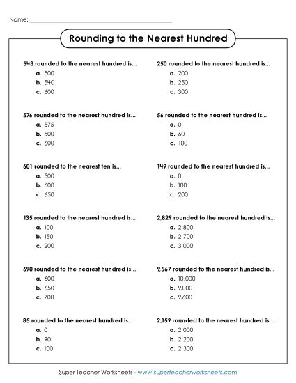 Nearest Hundred (3 and 4-Digit Numbers) - Rounding to the Nearest Hundred - Multiple Choice (Printable PDF Worksheet)