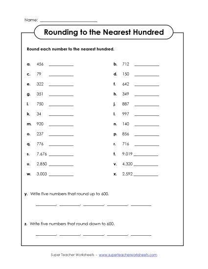 Nearest Hundred (3 and 4-Digit Numbers) - Rounding to the Nearest Hundred (Printable PDF Worksheet)