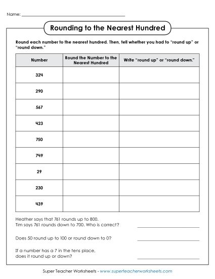 Nearest Hundred (3 and 4-Digit Numbers) - Rounding to the Nearest Hundred - Table (Printable PDF Worksheet)