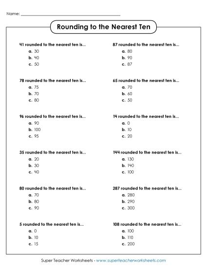 Nearest Ten (2 and 3-Digit Numbers) - Rounding to the Nearest Ten - Multiple Choice (Printable PDF Worksheet)