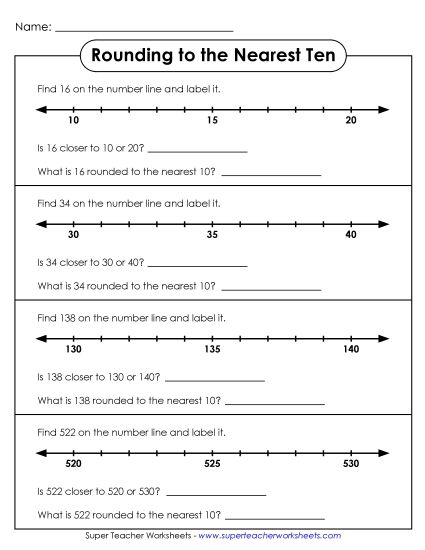 Nearest Ten (2 and 3-Digit Numbers) - Rounding to the Nearest Ten Number Line (2 & 3 Digits) (Printable PDF Worksheet)