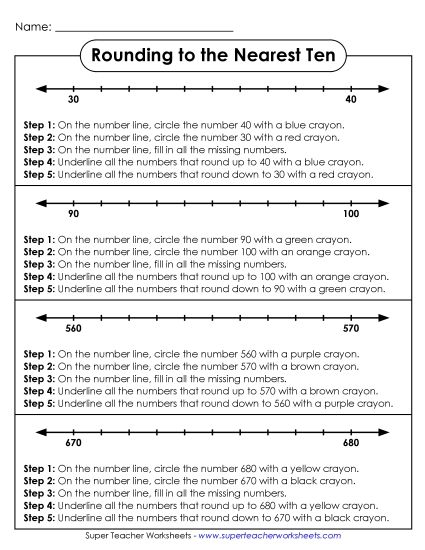Nearest Ten (2 and 3-Digit Numbers) - Rounding to the Nearest Ten - Number Line 2 (Printable PDF Worksheet)