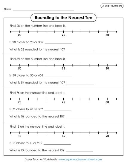 Nearest Ten 2-Digit Numbers - Rounding to the Nearest Ten Number Lines (2 Digit Numbers) (Printable PDF Worksheet)