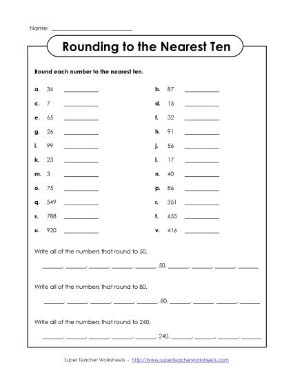 Nearest Ten (2 and 3-Digit Numbers) - Rounding to the Nearest Ten (Printable PDF Worksheet)