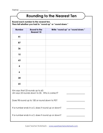 Nearest Ten 2-Digit Numbers - Rounding to the Nearest Ten - Table (Printable PDF Worksheet)