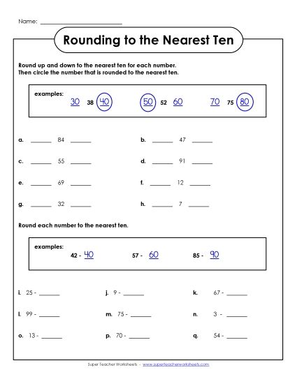 Nearest Ten 2-Digit Numbers - Rounding Up-Down (2 Digits) (Printable PDF Worksheet)