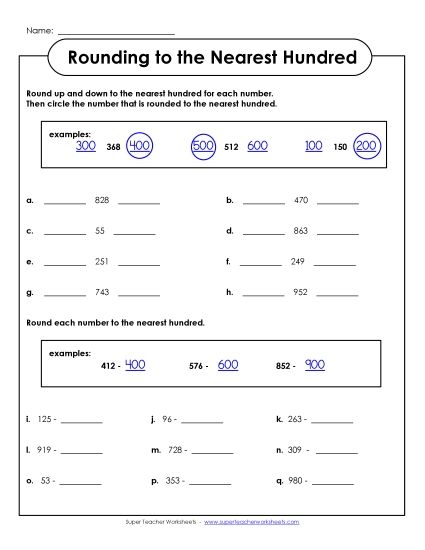 Nearest Hundred (3-Digit Numbers Only) - Rounding Up-Down (3-Digit) (Printable PDF Worksheet)