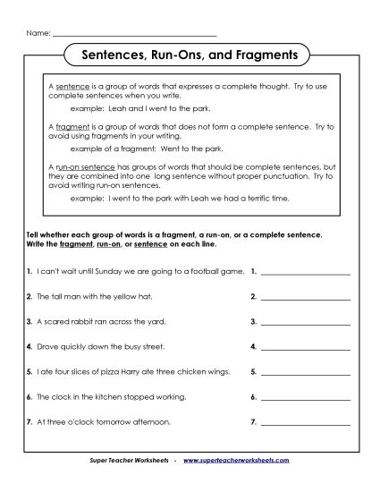 Run-ons, Fragments, and Sentences (Printable PDF Worksheet)