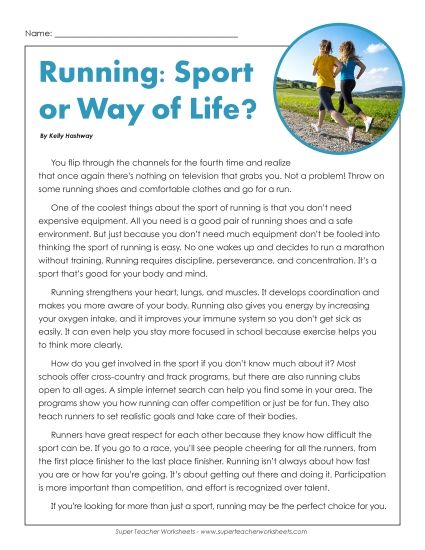 Nonfiction Articles - Running:  Sport or a Way of Life? (Article) (Printable PDF Worksheet)