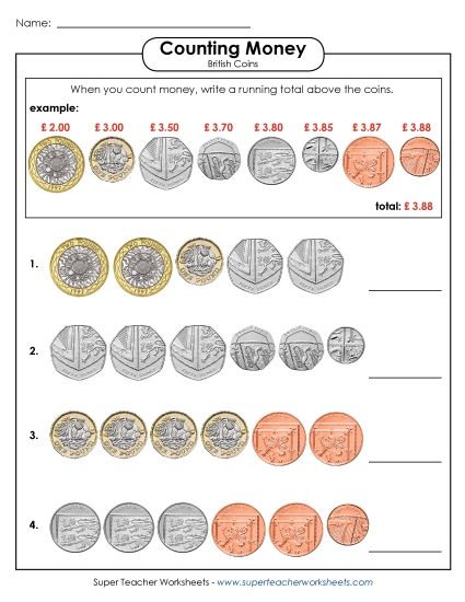 Modern Coins - Running Total (UK) (Printable PDF Worksheet)