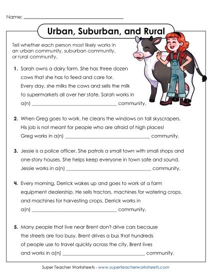 Urban, Suburban, and Rural - Rural, Suburban, and Urban Workers (Printable PDF Worksheet)