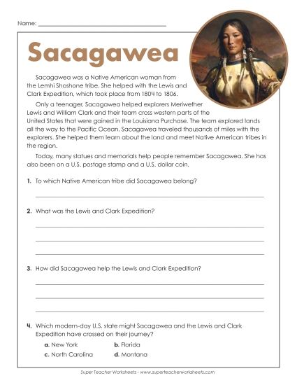 Reading Comprehension - Sacagawea (Short Passage) (Printable PDF Worksheet)