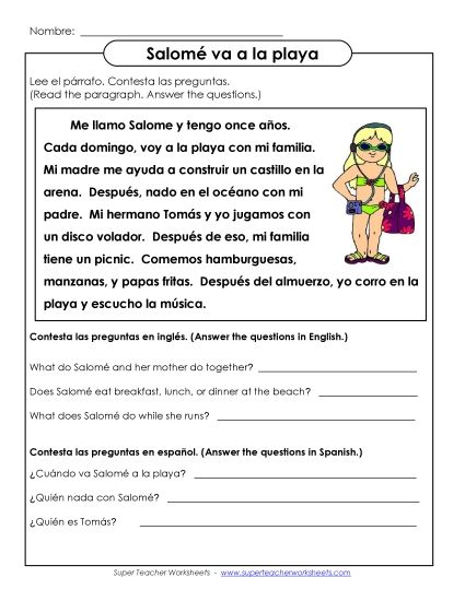 Short Passages (Level: Basic) - Salomé va a la playa (Printable PDF Worksheet)