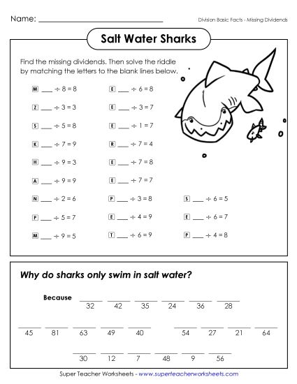 Division - Salt Water Sharks (Basic Facts; Missing Dividends) (Printable PDF Worksheet)