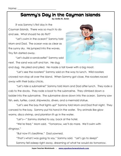 Fiction - Sammy's Day in the Cayman Islands (Printable PDF Worksheet)