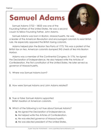 Articles - Samuel Adams (Short Reading Passage) (Printable PDF Worksheet)