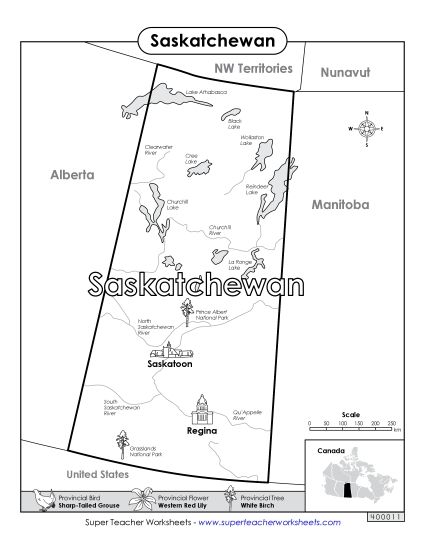 Maps - Saskatchewan Map (Black & White) (Printable PDF Worksheet)