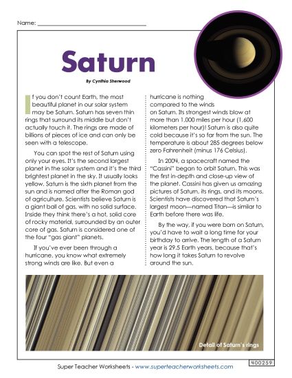 Articles with Questions - Saturn Article & Questions (Printable PDF Worksheet)