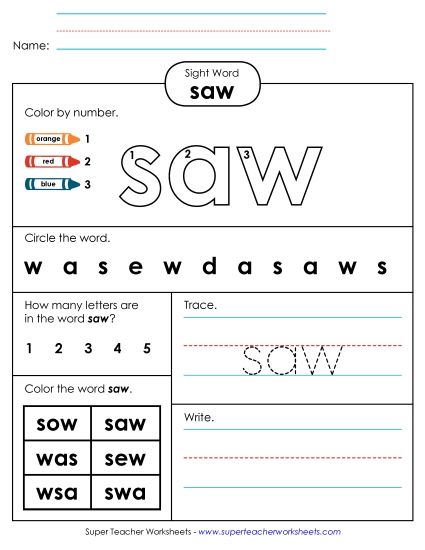 Individual Sight Words - Saw (Sight Word) (Printable PDF Worksheet)