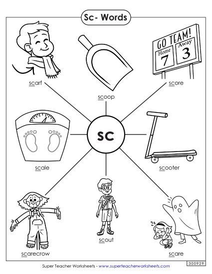 Phonics Blends and Digraphs - Sc- Words (Printable PDF Worksheet)