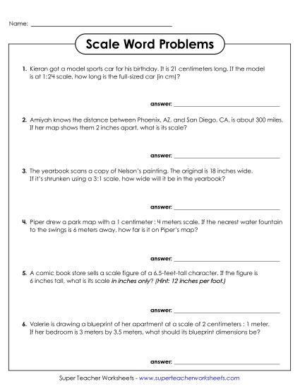 Scale and Scale Factor - Scale Word Problems (Printable PDF Worksheet)