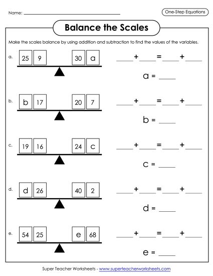 Solving for Variables Addition & Subtraction Only - Scales for Balancing Equations (Printable PDF Worksheet)